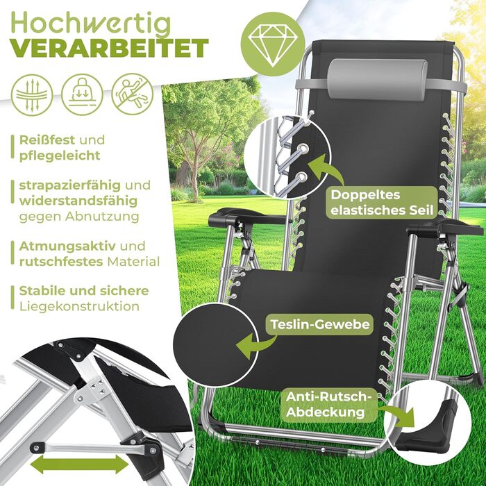 Шезлонг KESSER® для саду, розкладний, вологостійкий, 200 кг, з подушкою, регульована спинка, підголовник та тримач для напоїв, сірий