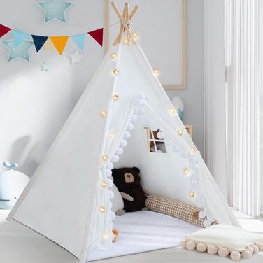 Дитяче намет Tipi з м'якою матрацом, бавовна, канвас. Намет Tipi для дітей з гірляндою зірочок, сумкою, прапорцем (білий)