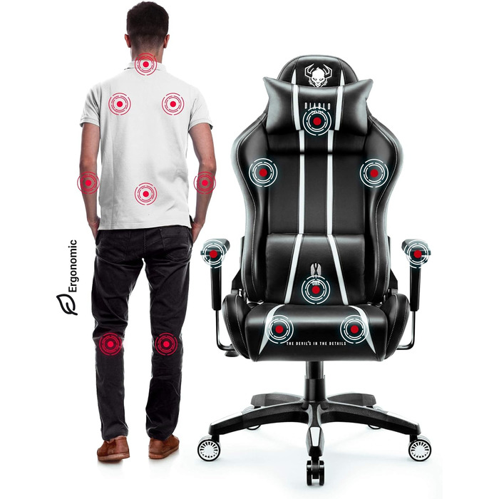 Ігрове крісло Diablo X-One 2.0, ергономічне, регульовані підлокітники, подушки для шиї та попереку, механізм гойдання, офісне, чорне-біле, розмір XL
