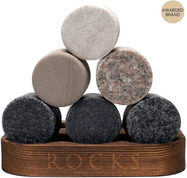 Подарунковий набір: склянка для віскі та 6 круглих гранітних каменів Rocks у коробці з золотою фольгою – дегустаційний келих для скотчу й бурбону, дерев'яна підставка