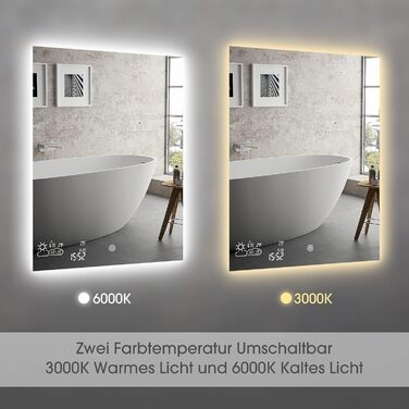 Дзеркало для ванної кімнати LED ByeCold 60x80 см з підсвічуванням, антизапарювання, WiFi, погода та дата, сенсорне управління