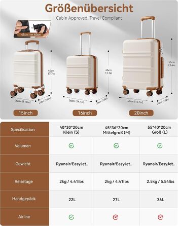 Валіза KONO середнього розміру (L, 65 см) з жорстким корпусом ABS+PC, TSA замком та подвійними колесами, 61 л, кремово-біла