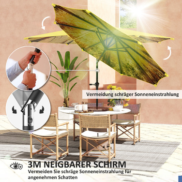 Outsunny Parasol Ø300 см, Парасолька з ручною рукояткою, візерунок, восьмикутний балкон Парасолька Пляжна парасолька Вітрозахисна стайня Ринкова парасолька Парасолька Сонцезахисний козирок для пляжу Балкон Патіо Сад, жовтий