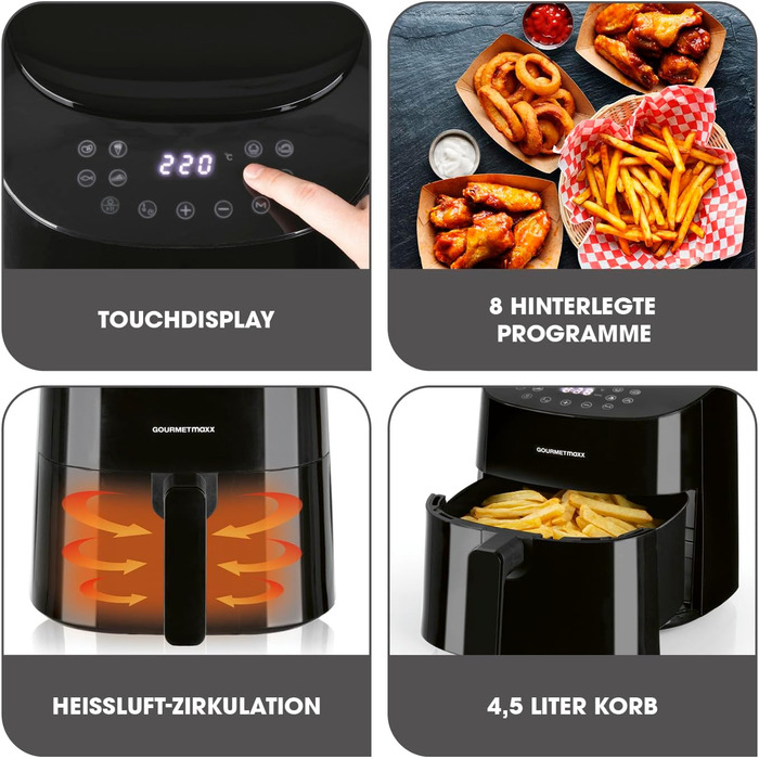 Аерофритюрниця GOURMETmaxx 4,5 л, 1400 Вт, 8 програм, чорна, маложирне приготування, таймер, автоматичне вимкнення