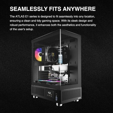 Корпус для ПК GAMDIAS Atlas E1 ATX Mid Tower з реальним монітором, 3 встановленими 120 мм ARGB вентиляторами, загартованим склом, високою вентиляцією, бічними отворами, чорний