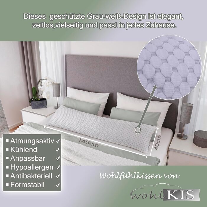 Ортопедична подушка для вагітних та сну з ефектом пам'яті (Memory Foam) з чохлом, охолоджуюча подушка для годування та підтримки тіла, 40 x 145 см