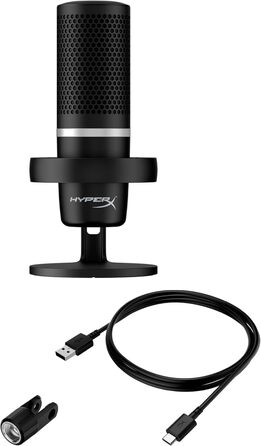 HyperX DuoCast USB конденсаторний мікрофон з RGB підсвіткою, вбудованим поп-фільтром, антивібраційним кріпленням, регулюванням підсилення, сумісний з ПК, PS5, PS4, Mac, чорний