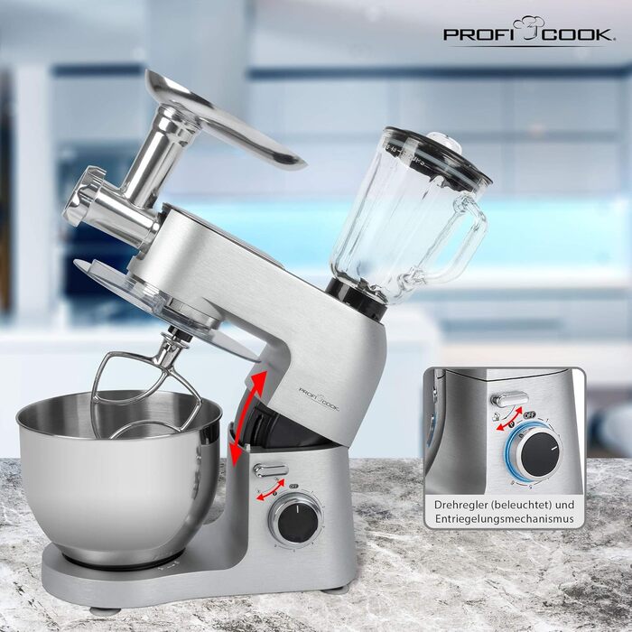 Планетарний міксер ProfiCook PC-KM 1189 3в1, м’ясорубка, міксер, алюмінієвий корпус, 1500 Вт, 8 швидкостей, 6,7 л, сріблястий