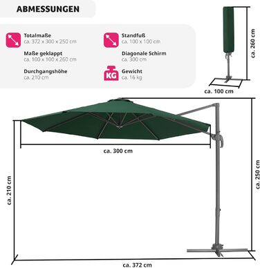 tectake® Парасолька-ампель для саду, зелена, 300 см, з чохлом, регульована висота, складна, з педаллю, ручкою, UV 50+, для тераси або балкону