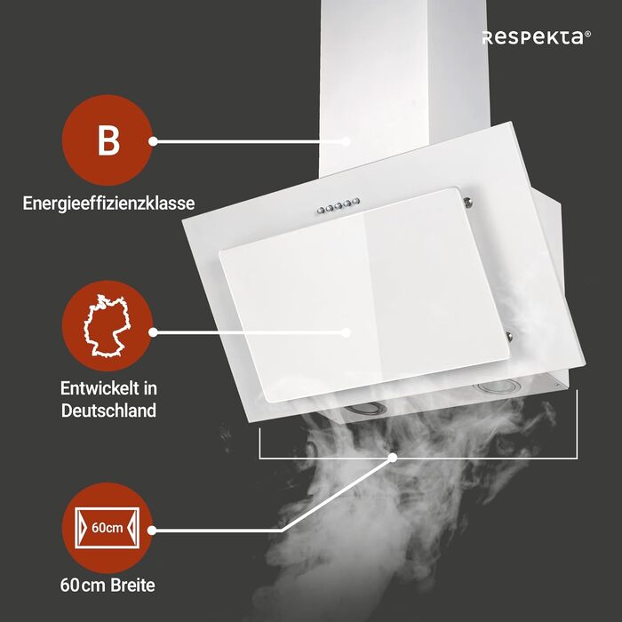 Похила витяжка Respekta CH33060WB 60 см, біла: металевий корпус зі скляним екраном, режим відведення та рециркуляції повітря