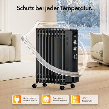 Масляний радіатор VonHaus 2500W, електричний обігрівач з термостатом, 3 режимами потужності, таймером на 24г та 11 секціями (Чорний)
