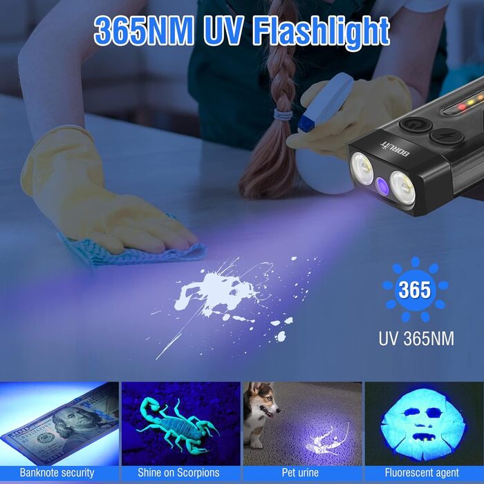 Ліхтарик BORUIT V10 LED, 1000 лм, міні, на ключі, з УФ 365нм, магнітом, 14 режимів, IPX4, водонепроникний, чорний, акумуляторний