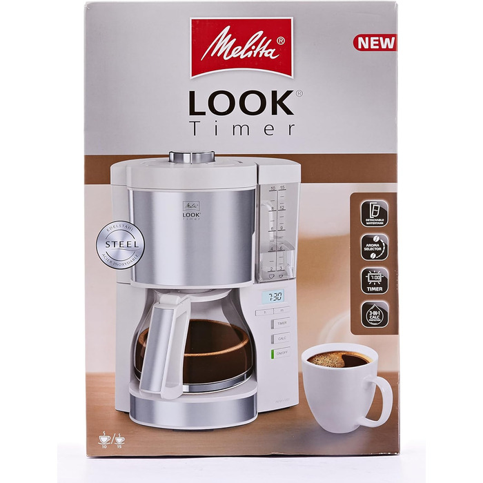 Кавоварка Melitta Look Timer з таймером, крапельна, 10 чашок, біла, скляна колба