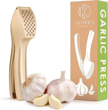 Преміум-прес для часнику Oliver's Kitchen® - зручний та легко миється - подрібнює часник та імбир без проблем (не потребує очищення) - надзвичайно міцний та зносостійкий (матова золота поверхня)