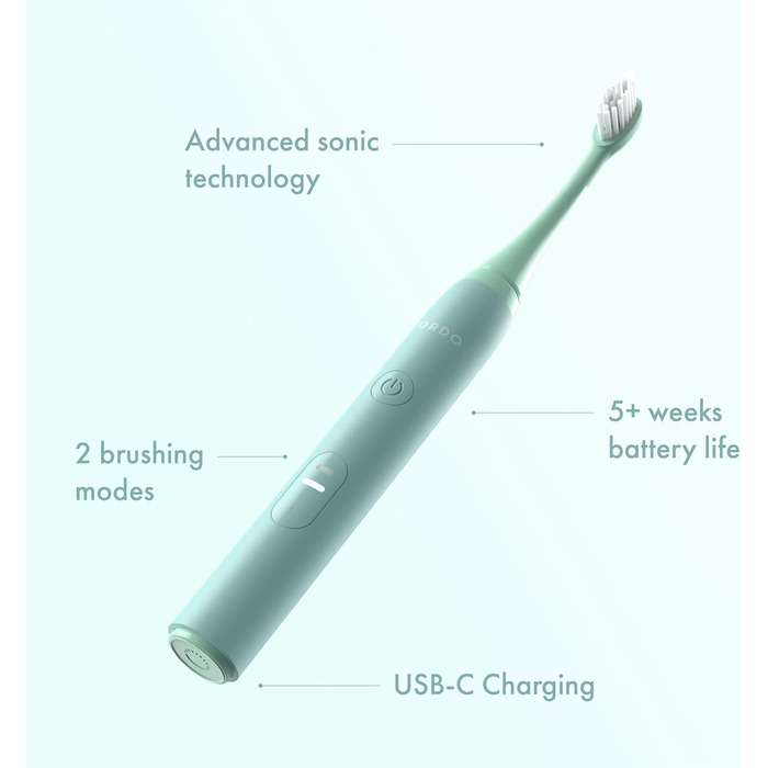 Електрична звукова зубна щітка Ordo Sonic Lite з 35 000 імпульсів/хв, для дорослих, 2 режими, акумулятор до 5 тижнів, таймер, водонепроникність, USB-C, з шалфеєм