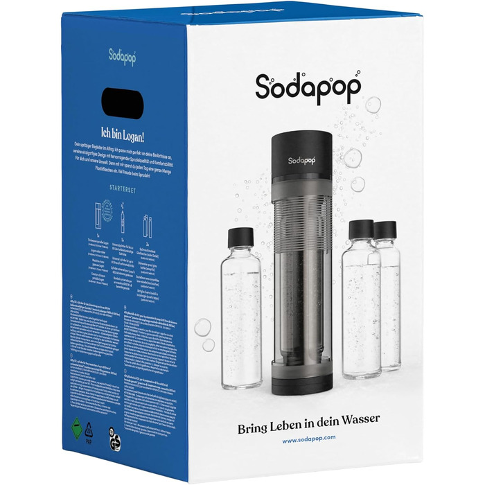 Сифон для газування води Sodapop Logan Starterset з CO₂-циліндром та 3 скляними пляшками, матовий чорний, 42.6 см