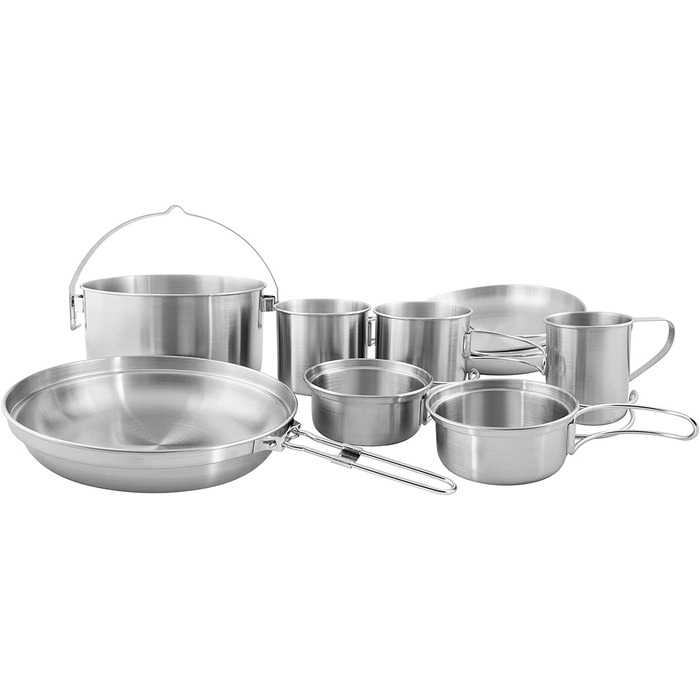 Набір туристичного посуду Tatonka Picnic Set III з нержавіючої сталі, 10 предметів — посуд для пікніка на трьох: каструля, сковорода, тарілки, чашки, кришка, безпечний для їжі, без шкідливих домішок
