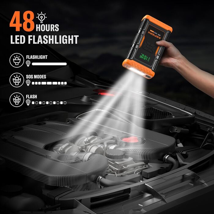 Бустерний пускач ASPERX 3000A з компресором 150 PSI, Powerbank для авто та мотоциклів 12V (до 10л бензин / 8л дизель), з LED-ліхтарем, чорно-помаранчевий
