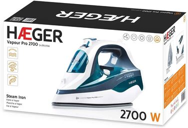 Парова праска HAEGER VAPOUR PRO 2700 Вт, керамічна підошва, антинакіпна система, захист від протікання, самоочищення, вертикальний пар, 45 г/хв