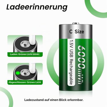 Акумулятори типу C (LR14) 1.5V 6000mWh перезарядні літієві батареї з USB-C портом для швидкої зарядки, 4 шт. (комплект з кабелем)