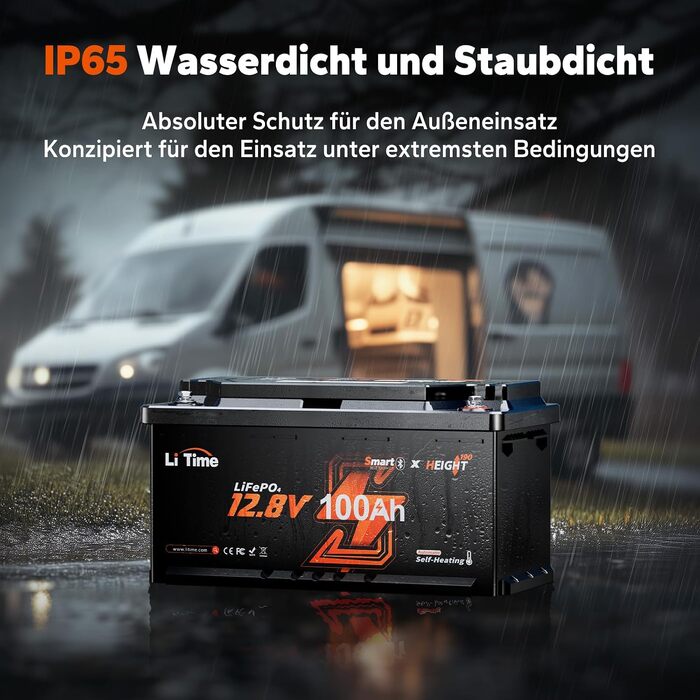 LiFePO4 акумулятор LiTime 12V 100Ah H190 з Bluetooth для кемпінгу та будинків на колесах, літієва батарея