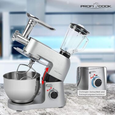 Планетарний міксер ProfiCook PC-KM 1189 3в1, м’ясорубка, міксер, алюмінієвий корпус, 1500 Вт, 8 швидкостей, 6,7 л, сріблястий