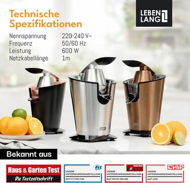 Електрична соковитискачка для цитрусових LEBENLANG 600W, з конусом із нержавіючої сталі та важелем, BPA-free, мідний колір