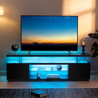 Тумба під телевізор LED 130 см, чорна: сучасна низька тумба з підсвіткою та місцем для зберігання, для телевізорів до 60 дюймів