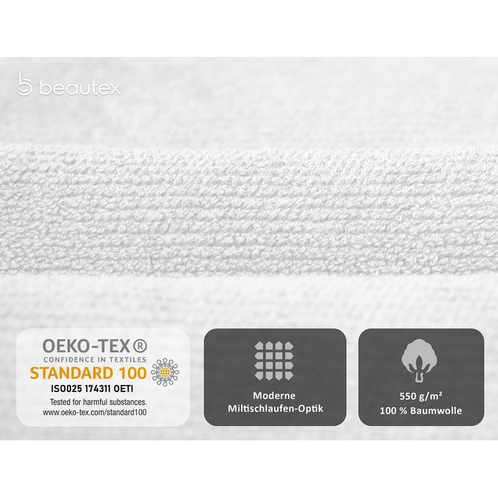 Рушники BEAUTEX Premium, набір 2 шт., 70x140 см, 100% бавовна, європейського виробництва, Oeko-TEX, білі, 550 г/м², махрові для ванної кімнати