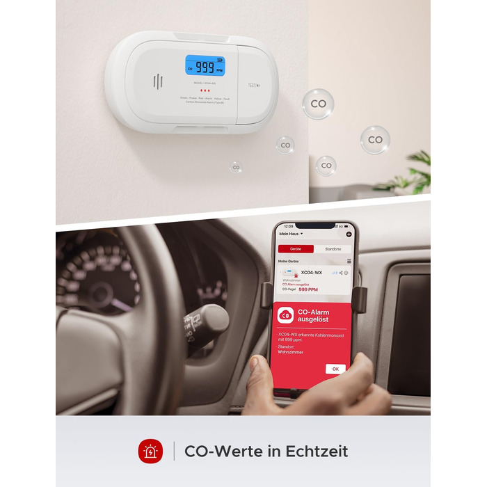 Розумний детектор чадного газу X-Sense XC04-WX з Wi-Fi, сповіщення в реальному часі через додаток, зі змінною батареєю, білий