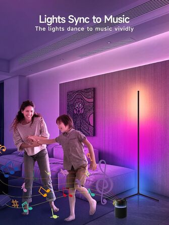 LED торшер у вітальню RGB кутовий, димується з пультом та додатком, синхронізація з музикою, DIY-режим, таймер - чорний