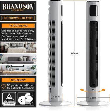 Brandson ECO Тихий турмовентилятор з DC-мотором, 12 швидкостей, напольний вентилятор із таймером, дистанційне керування, енергоощадний, дуже тихий, преміум-якість, переможець 2025