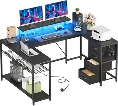 Кутовий письмовий стіл YITAHOME з 4 шухлядами, LED-підсвіткою та USB, 158x100 см - для геймінгу та домашнього офісу, чорний
