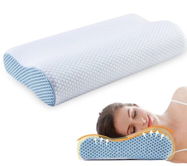 Ергономічна подушка з ефектом пам'яті (Memory Foam) для шиї та підтримки хребта, ортопедична подушка для сну на боці та спині з бамбуковим чохлом, синя