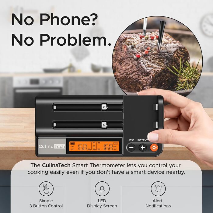 Бездротовий термометр для м'яса з Bluetooth, моніторинг через додаток з сигналом тривоги, IPX7 водонепроникний, велика дальність, мультисенсор, смарт-термометр для гриля (2 зонди, чорний)