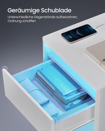 VASAGLE приліжковий столик з регульованим LED-підсвічуванням, розетками, USB, шухлядою, сучасний, для спальні та вітальні, білий хмарний LET618T15