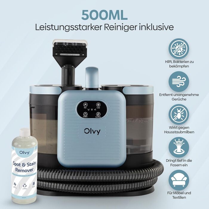 Olvy Teppichreiniger PRO: професійний пароочисник для килимів та м'яких меблів, 1650W. Включає миючий засіб. Підходить для чищення диванів, матраців та оббивки.