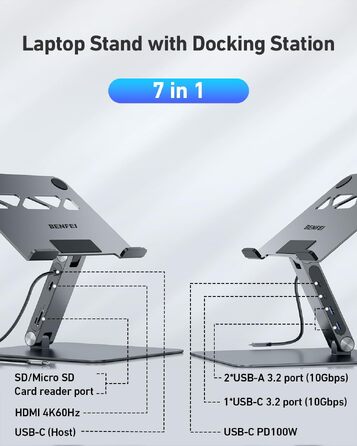 Підставка для ноутбука BENFEI з док-станцією 7-в-1 USB-C: HDMI 4K@60Hz, SD/MicroSD, Power Delivery 100W, USB 3.2 10Gbps для MacBook Pro/Air, iPad Pro, XPS, ThinkPad