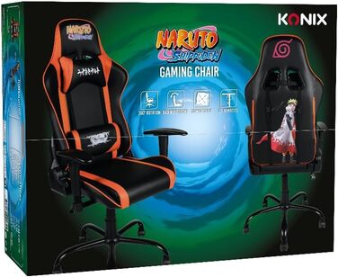 Ігрове крісло Konix Naruto Shippuden Premium, PVC-шкіра, ергономічне, з подушками для попереку та шиї, нахил 150°, дизайн Хокаге, чорне з помаранчевим