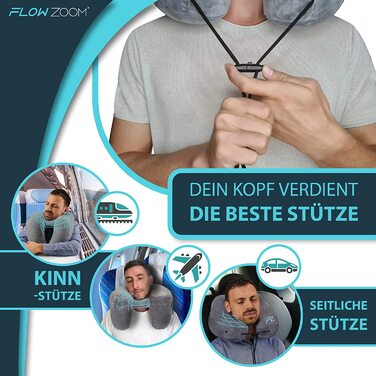 FLOWZOOM AIR надувна подушка для шиї з капюшоном, сіра, розмір L – дорожня подушка для літака, швидке надування, ортопедична подушка для подорожей для дорослих