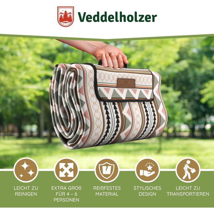 Водонепроникна пляжний коврик Veddelholzer Boho 200 x 200 см, ізольована підстилка для пікніка, кемпінгу та парку, стійка до піску