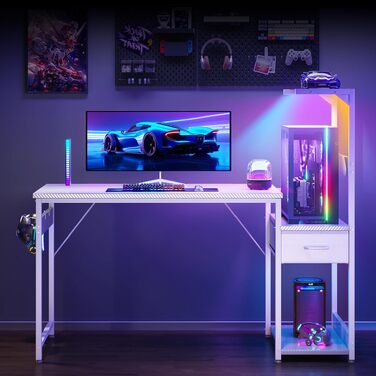 Ігровий стіл Coleshome з LED підсвіткою, білий (120x48 см) - стіл для комп'ютера з ящиками та полицею, тримачем для навушників, карбонове покриття