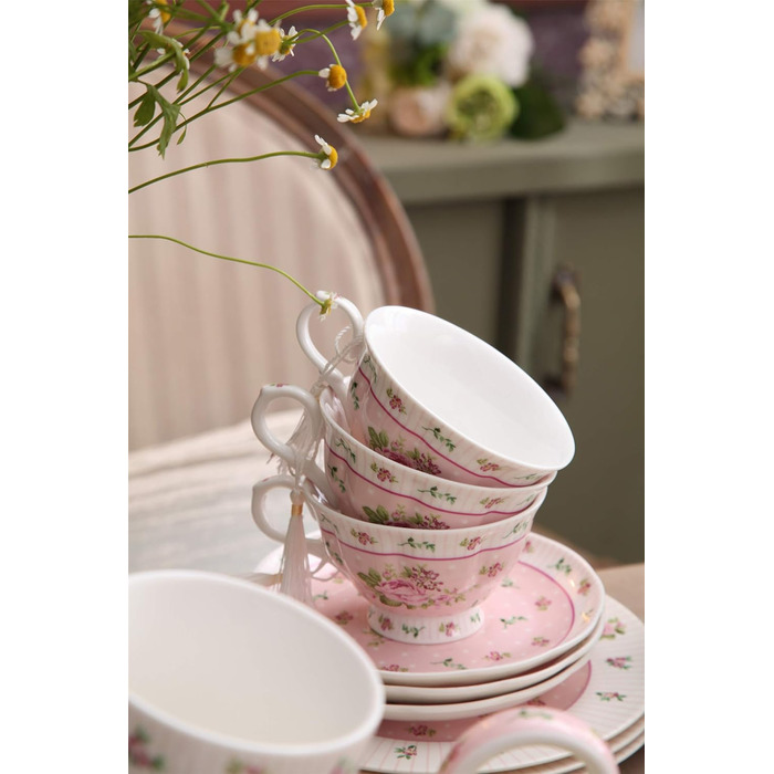 Чашка та блюдце з порцеляни Shabby Chic Vintage з птахом, метеликом і квітами у подарунковій коробці (рожевий колір)