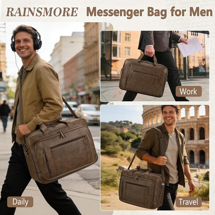 Шкіряна чоловіча сумка-портфель RAINSMORE Vintage: водонепроникна ділова сумка для ноутбука 16 дюймів, офісна сумка через плече для роботи та подорожей (Коричневий)