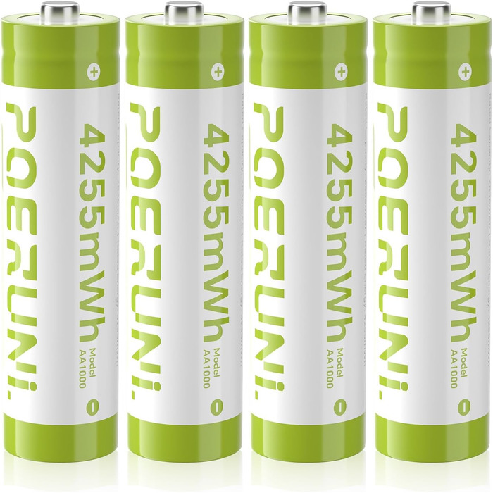 Набір акумуляторів POERUNI AAA/AA 1.5V з USB-C зарядним пристроєм, перезарядні батарейки високої ємності, 4 шт (Зелений, AA)