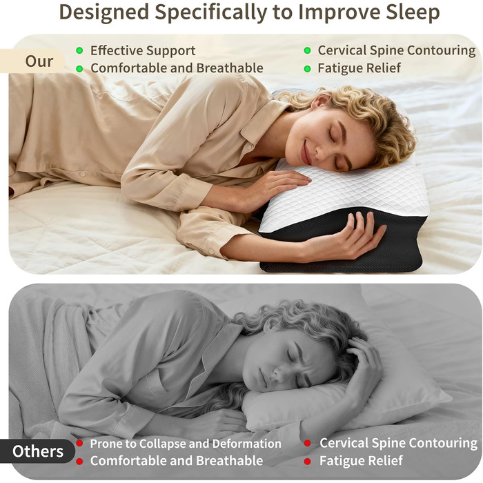 Ортопедична подушка для шиї з Memory Foam, ергономічна для сну на боці, спині та животі, 61.7x37x13/13.6 см, чорна