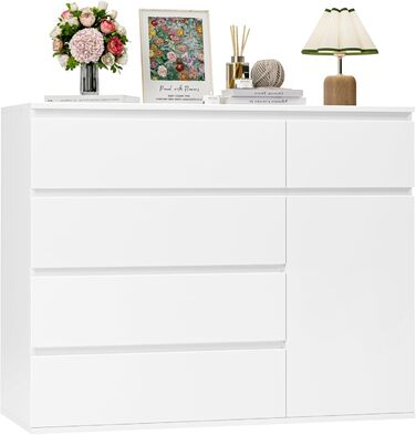 FOREHILL Комод білий з 5 шухлядами та 1 дверцятами, 100x40x80 см. Комод для спальні, вітальні, кабінету, передпокою