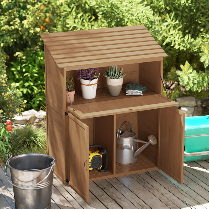 Outsunny Garden Шафа з дерева, Садовий сарай зі ступінчастою односхилим дахом, Складаний стіл з подвійними дверима 110 x 54 x 136 см, Атмосферостійка садова шафа, Садовий сарай Садовий сарай для саду, тераса, натуральне дерево