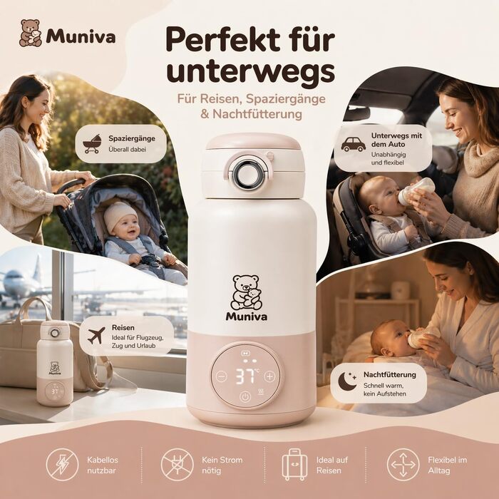 Портативний підігрівач пляшечок для годування Muniva® на 450 мл з режимом підтримки тепла, для подорожей
