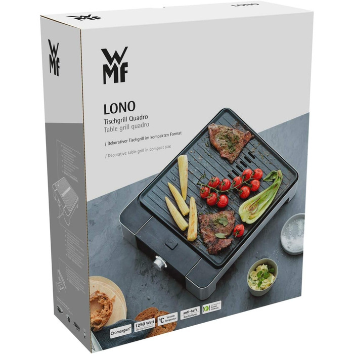 Електричний гриль WMF Lono Quadro: компактний гриль з нержавіючої сталі, 1250 Вт, для дому, легко миється